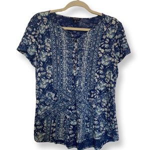 Lucky Brand Blue White Button Front  V-Neck Short Sleeve Top XL